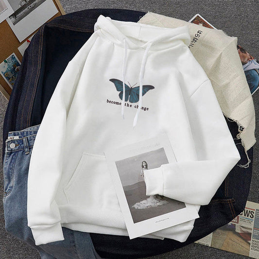 Butterfly Print Long-Sleeved Plus Velvet Sweatshirt Hoodie Demandx