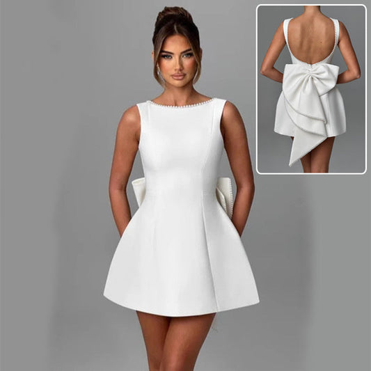 Fashion Big-Bowed Pearls Backless Dress Summer Slim Sleeveless A-line Dresses For Party Evening Women's Clothing Demandx